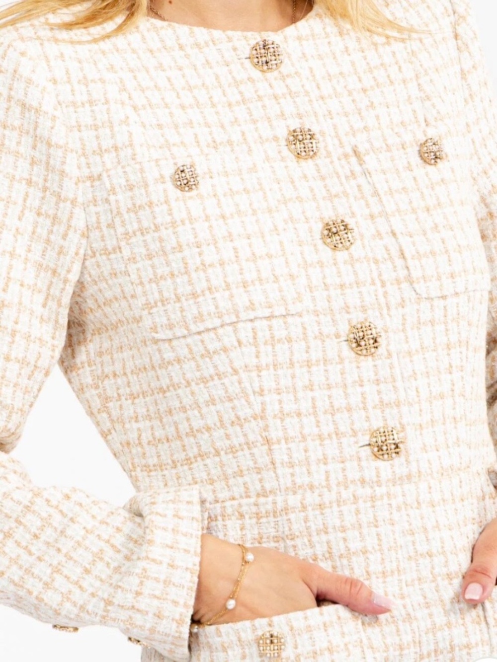 IVORY AND GOLD LONG SLEEVE WOMEN'S TWEED ROMPER WITH POCKETS - NWOT - Picture 3 of 17